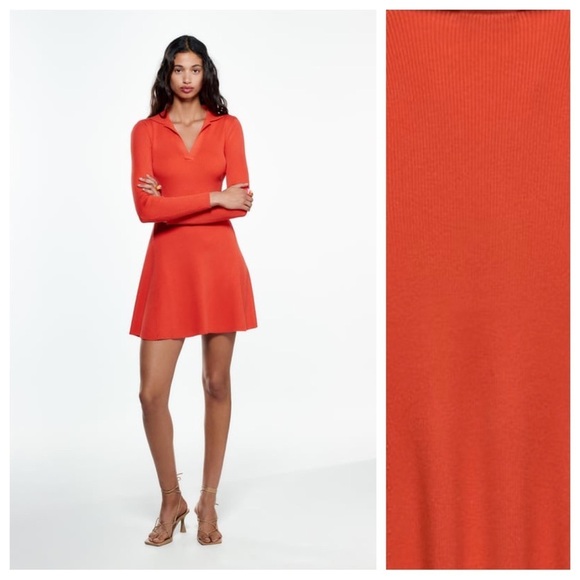 NWT. Zara Orange Knitted V-Neck Mini Dress. Size L. - Picture 1 of 12